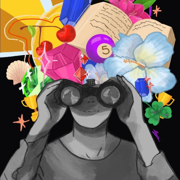 Hidden Gems Figure in grey tones with flowers and gemstones surrounding their head, hold binoculars
