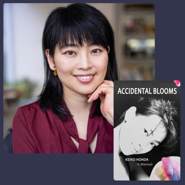 Keiko Honda - Accidental Blooms A photo of author Keiko Honda, along with the cover of her book Accidental Blooms, which has a younger photo of her on it