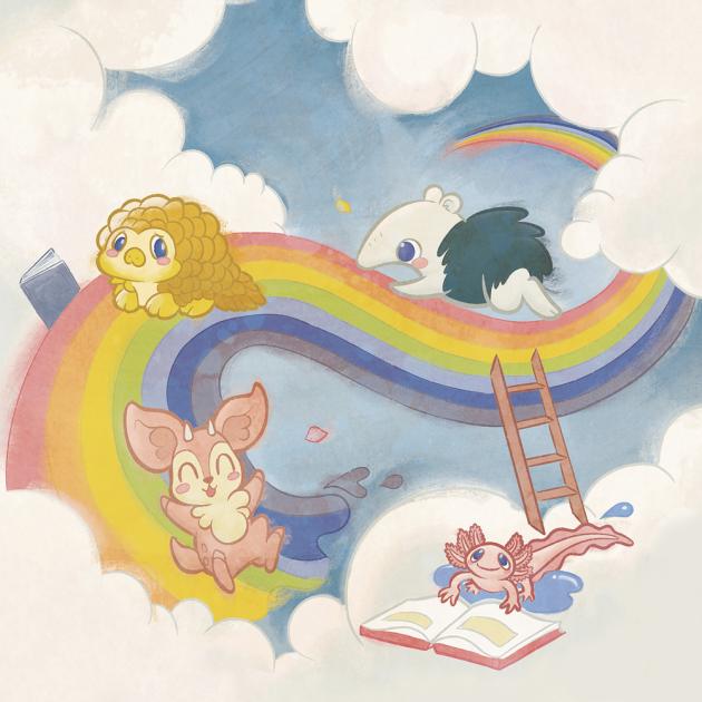 Summer Reading Club 2025 Illustration of rainbow in clouds with various animals playing and reading