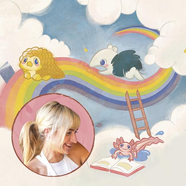 Summer Reading Club 2025 Illustration of rainbow in clouds with various animals playing and reading, with photo of woman with blonde hair
