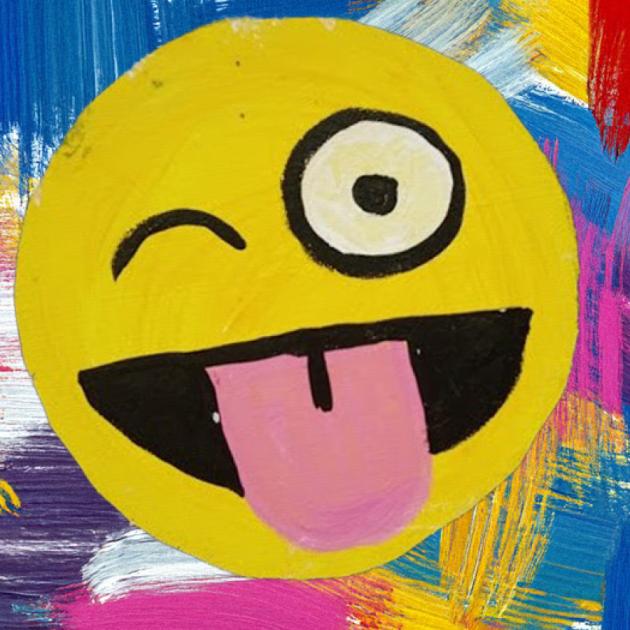 Emoji painting night in Farsi illustration of hand-painted yellow emoji face with tongue sticking out