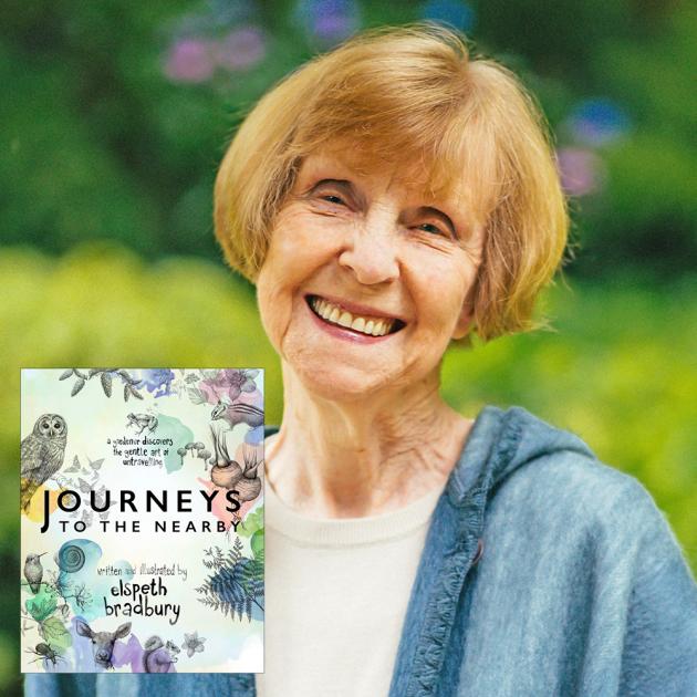 Seniors gathering Smiling senior woman against garden backdrop, with book cover in foreground