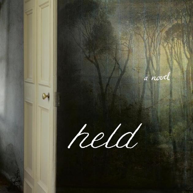 Held A painting of an open door and a shadowy, green wall with trees, behind the title Held