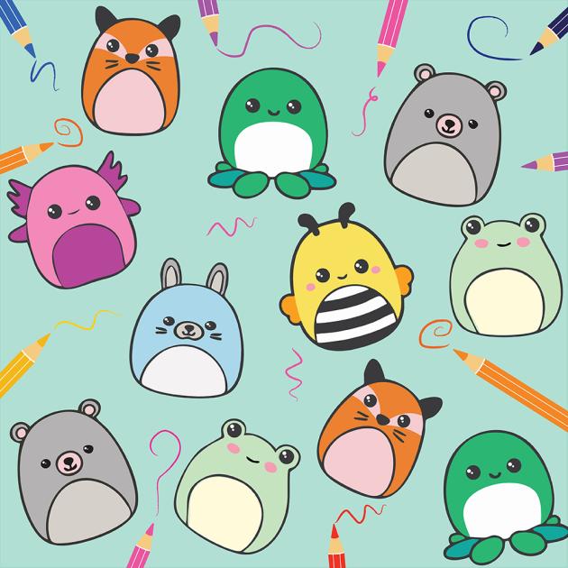 Illustration of squishmallow creatures with pencil crayons and scribbles