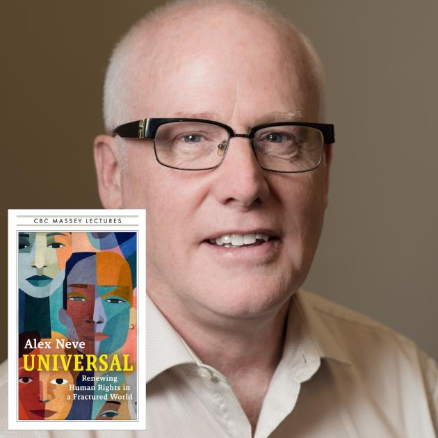 Headshot of man wearing glasses and a beige shirt, with a book cover in the corner of the image