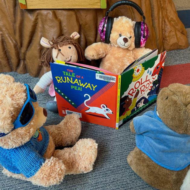 Cozy storytime Soft plushie animals sitting in a circle, one with headphones on, one with sunglasses