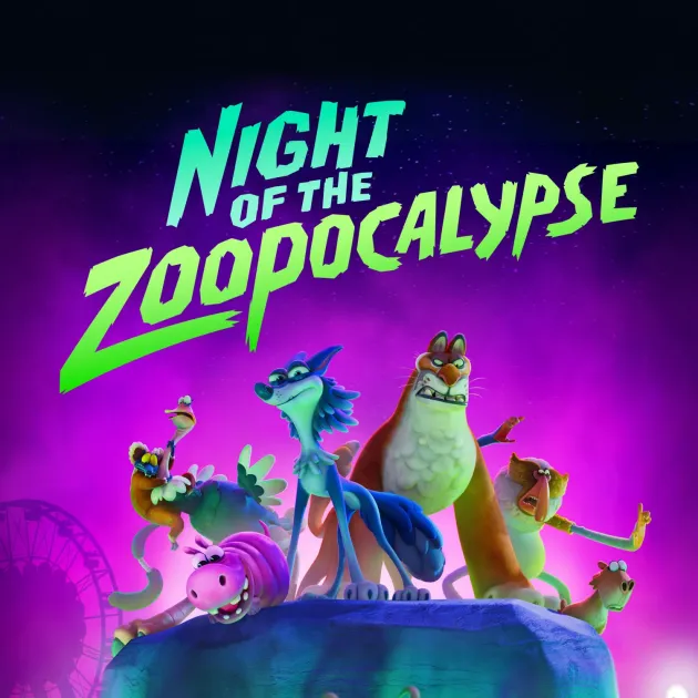Cartoon illustration of fantastical animals against a pink background, with words "Night of the zoopocalypse" above