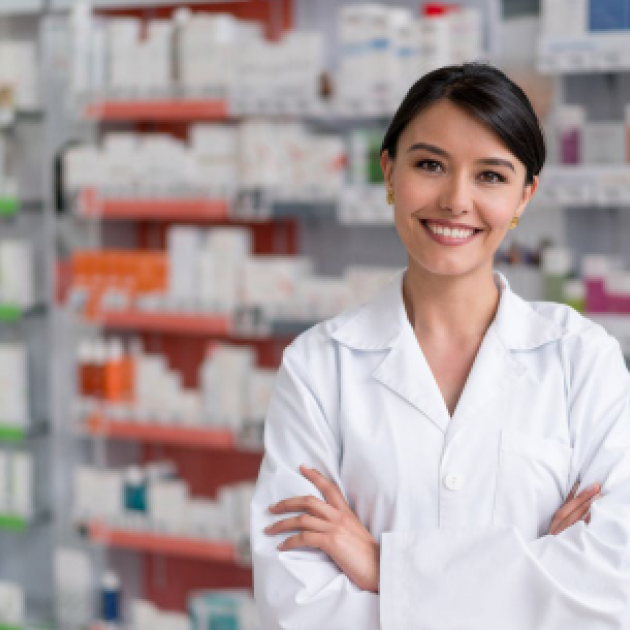 A pharmacy assistant smiling at a camera