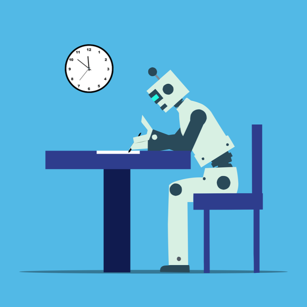 A computer-drawn image of a robot sitting at a table writing
