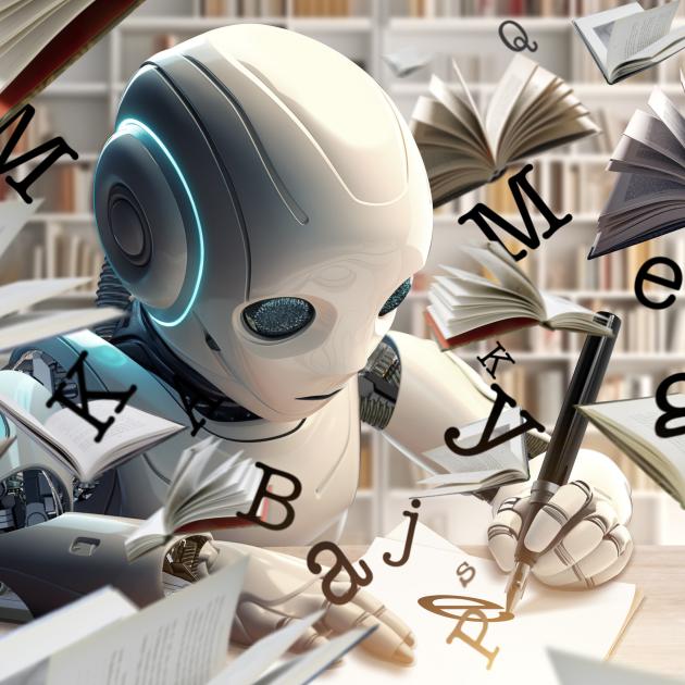 Illustration of robot writing on paper in library with flying books and alphabet letters all around