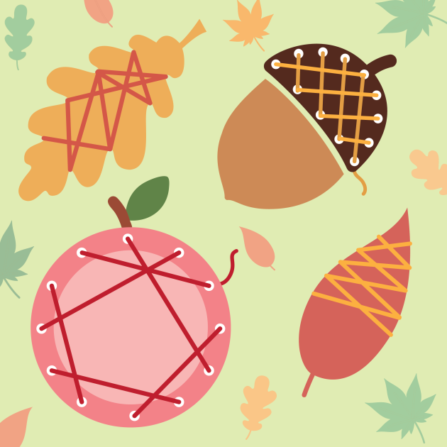 Lace up for Fall A yellow leaf, brown acorn, red apple and red leaf with criss-crossed laces.