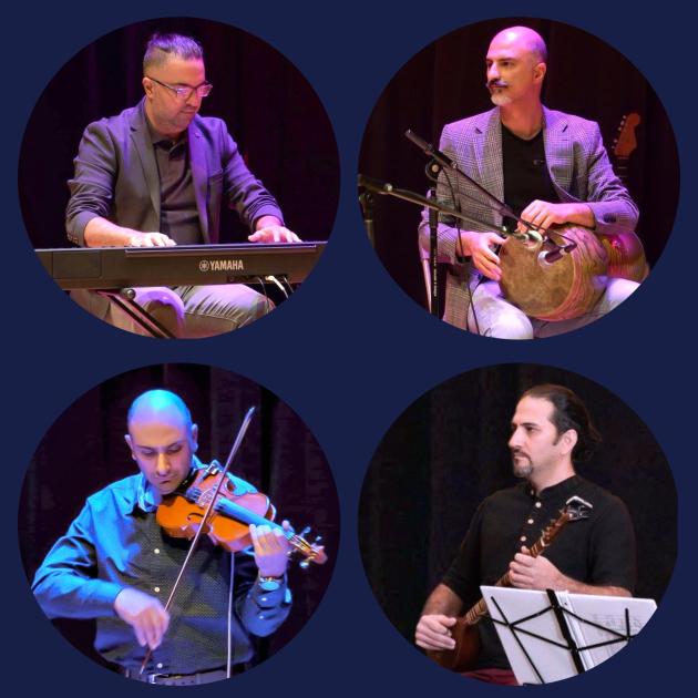 Photos of four musicians playing instruments against dark backdrop