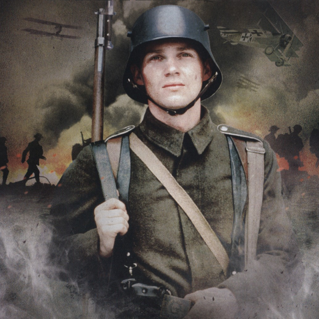 A man dressed as a solider with a pensive expression. 