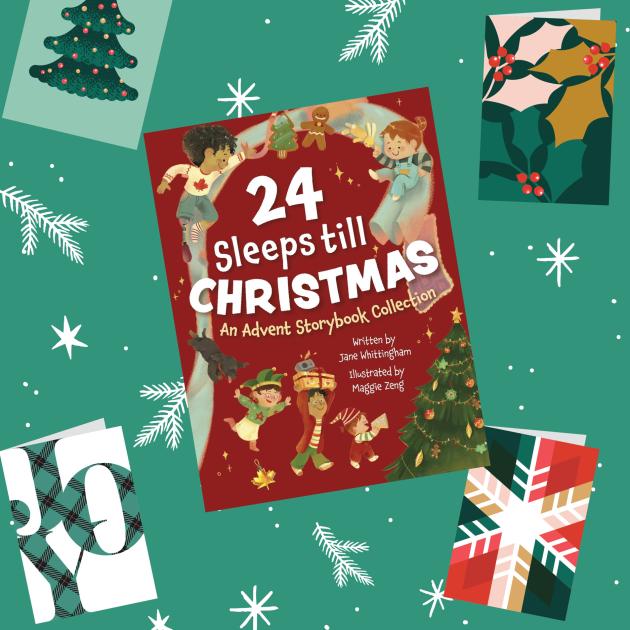 Illustration of winter snow, stars, holiday cards and 24 sleeps til christmas book cover