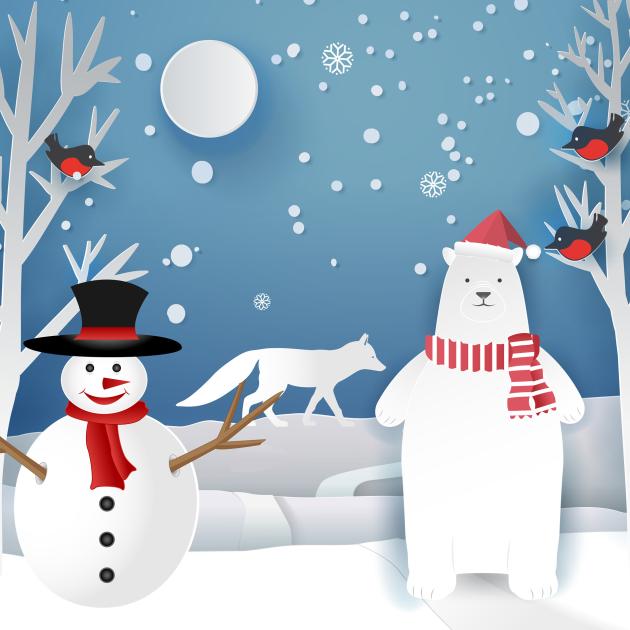 A snowman with a black top hat and red scarf; polar bear with a red Santa hat and red and white scarf, red and black birds on trees and a white fox in a snowy landscape