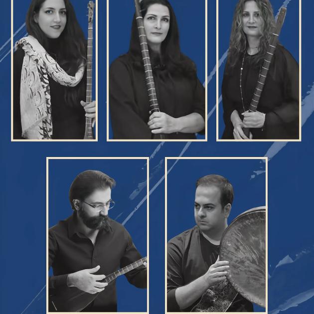 Three women and two men holding musical instruments