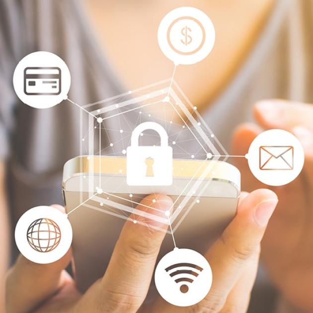 A graphic of a lock surrounded by wifi symbol, envelope, credit card, and dollar sign