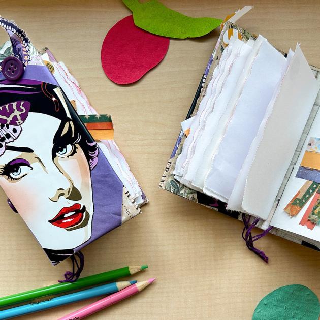 Scrapbook with magazine cutouts and torn paper and coloured pencils