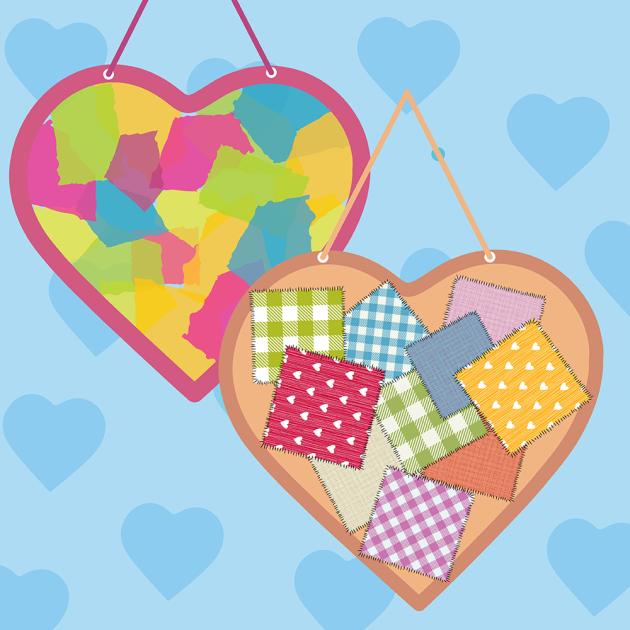 a pink heart hung with string and with pink, blue, yellow and green pieces of tissue. A beige heart hung with beige string with checkered green and white, pink and white and blue and white squares. There are also quilted solid blue and pink squares and pock a dot yellow and red squares.
