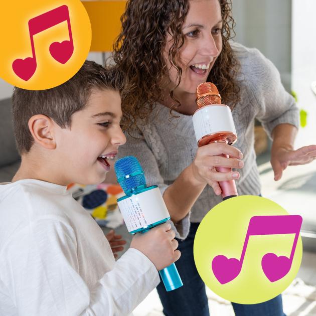 parent and child singing karaoke with microphones and music notes as illustrations