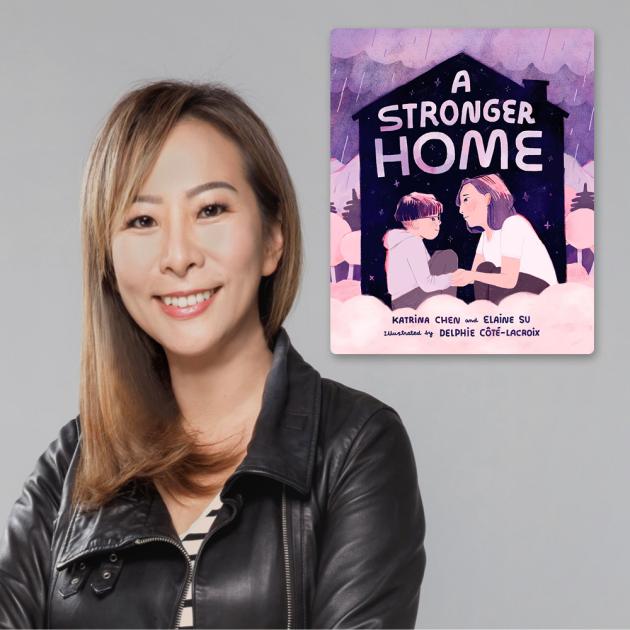 photo portrait of smiling woman with black jacket, book cover with "a stronger home" title in the background