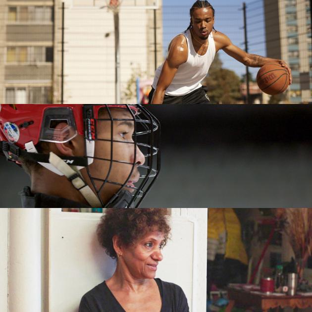 Three photographs of Black people, one of a young baseball player, one of a young hockey player, one of a mature woman