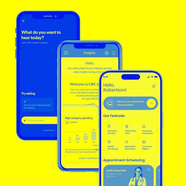 Three smartphones with AI prompts