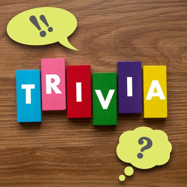 Colourful wooden letters spelling trivia on a wood surface with speech and thought bubbles