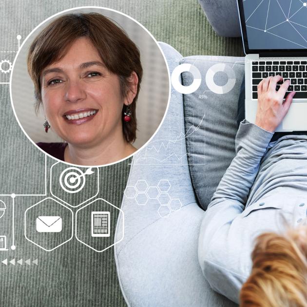 Illustration of person on laptop with work symbols overlayed and headshot of smiling woman