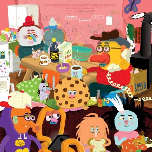 A chocolate chip cookie with a face on it, surrounded by other cartoon characters