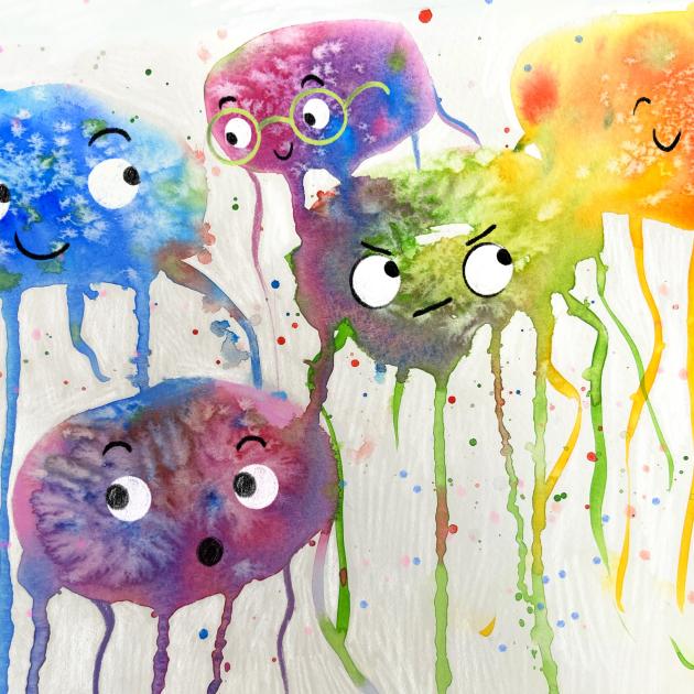 Happy jelly fish float in drippy water colour