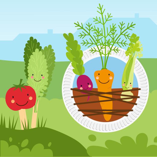 Grassy field with blue sky. On the field there is a lettuce and tomatoe smiley face along with a white paper plate with a purple radish, orange carrot and green bulb.