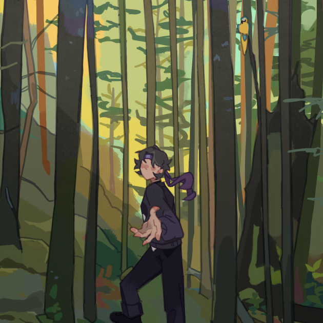 a figure beckons the viewer along a green wooded trail filled with evergreen trees.