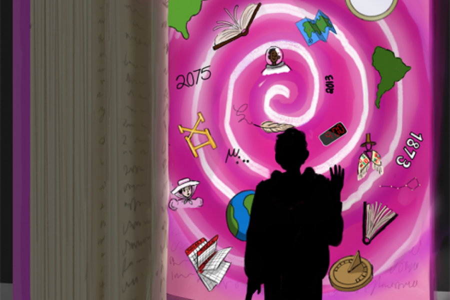 Illustration of a small silhouetted person standing in front of an open book. There are representations of time on the book page