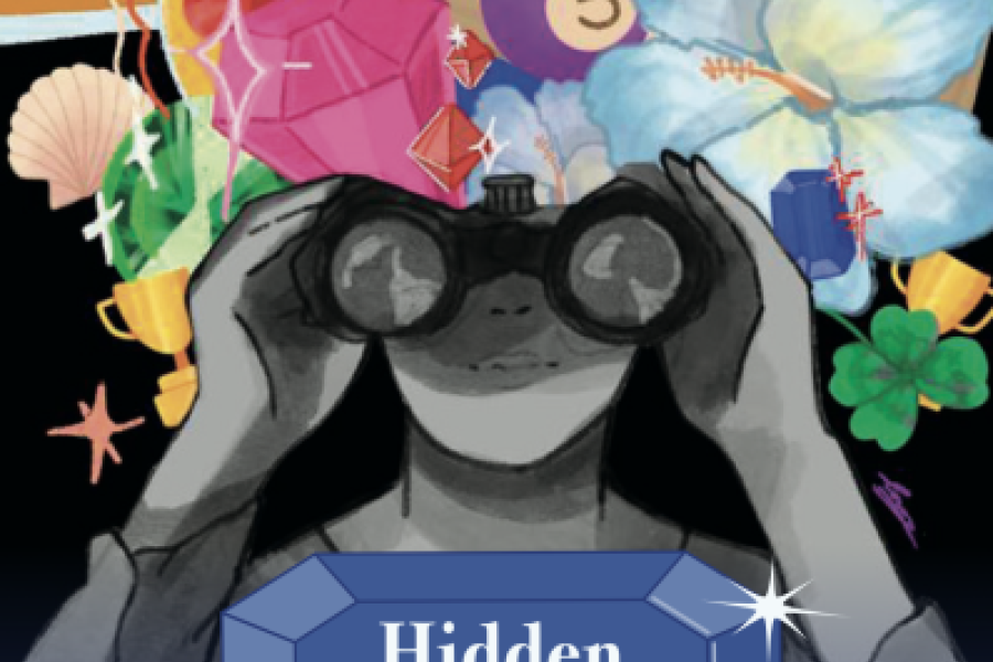 illustration of a person looking out of the poster through binoculars