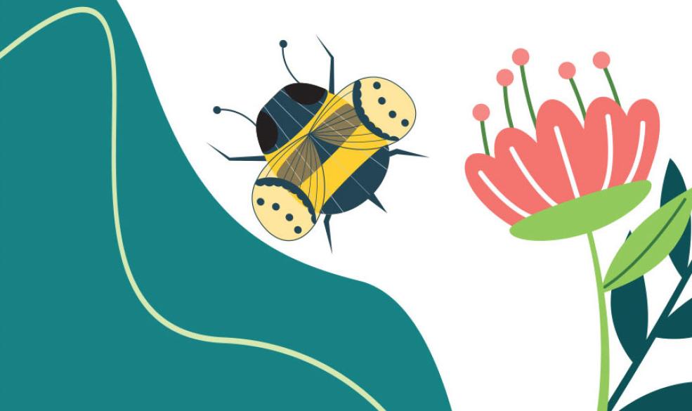 illustration of a bee and pink flower