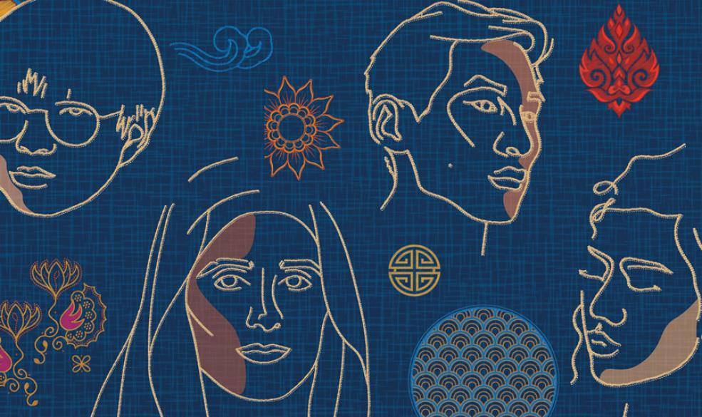 Picture with a dark blue background with textured motifs from across Asia.