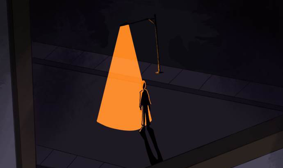 Drawing of a figure in the dark next to a cone of light