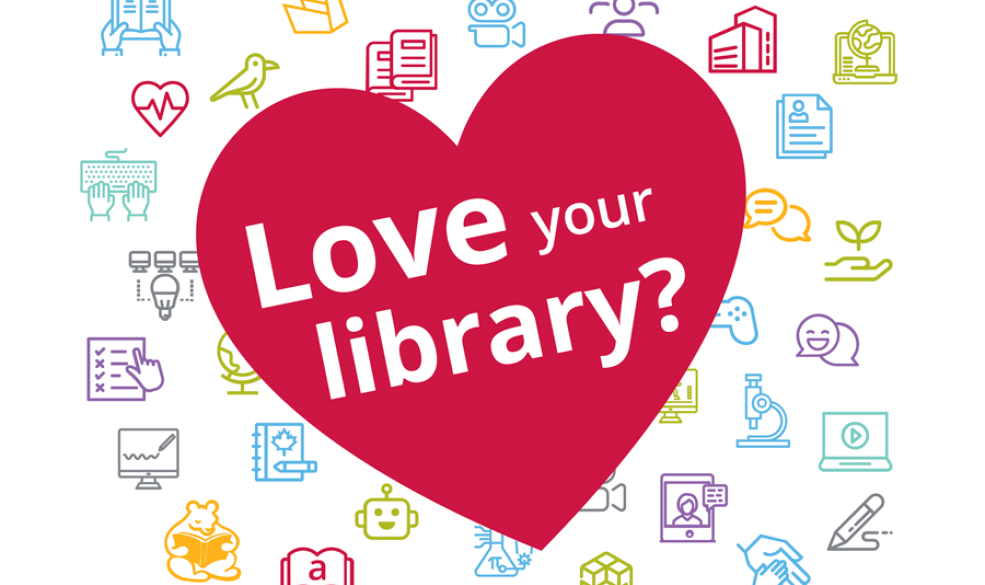 Image of a red heart that says "Loe your library?"