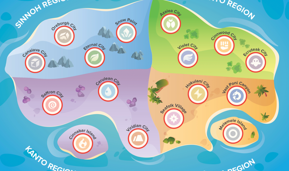 A trainer's map with four coloured regions: blue, green, orange, purple