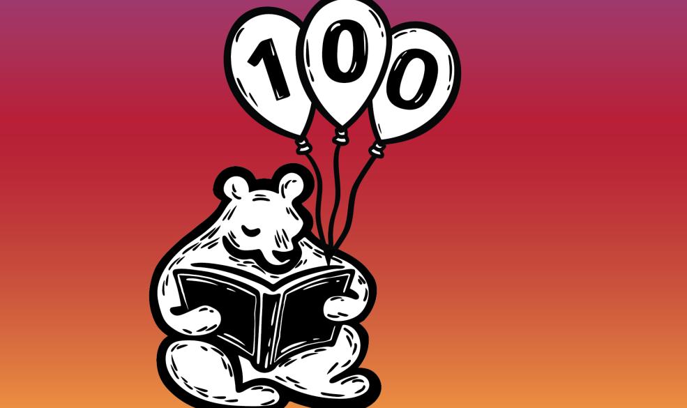 An illustration of a bear holding a book and balloons that say 100