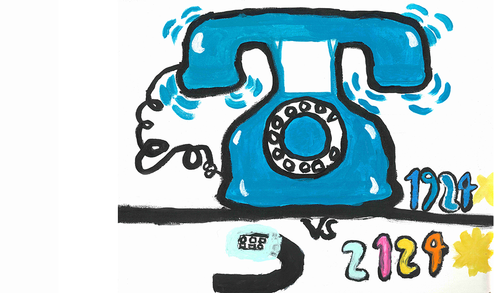 Drawing of an old blue rotary dial phone and a modern digital watch with the text "1924 vs 2124"