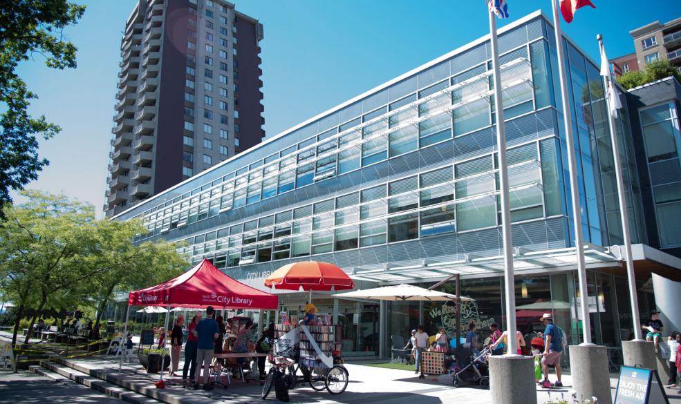 the library on a summer day photographed from the Plaza