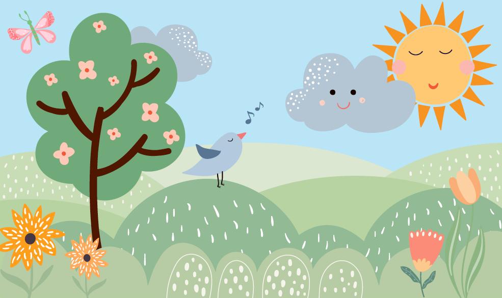 An illustration of a tree with a smiling sun and cloud and a bird singing