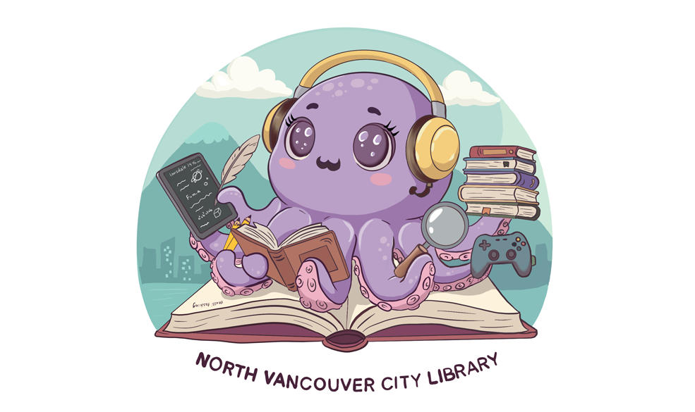 purple octopus wearing yellow headphones and reading a book