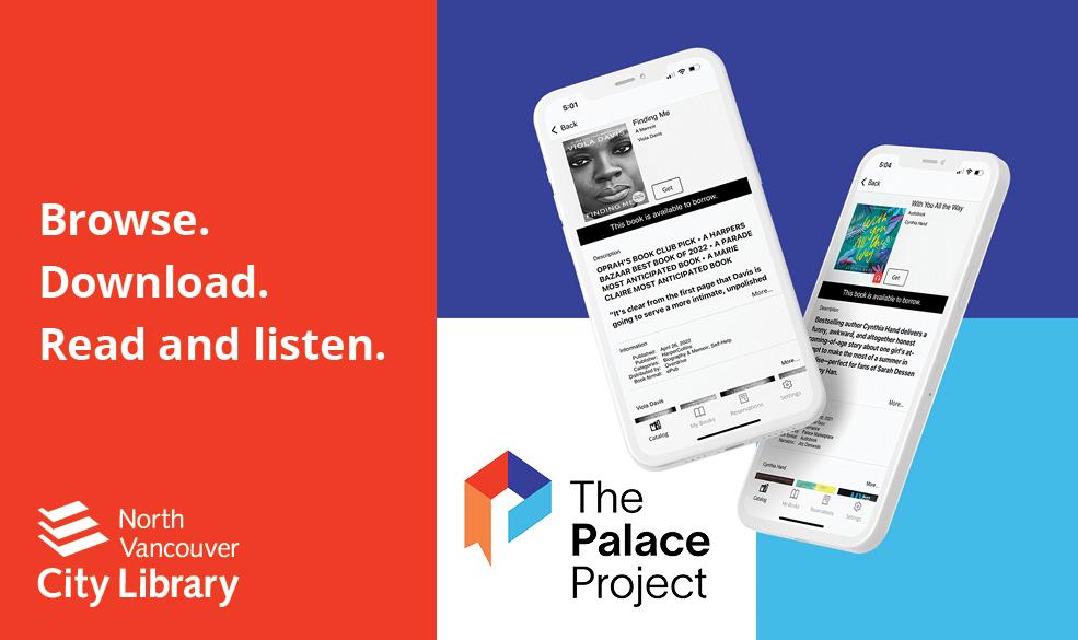 Illustration showing phone screens with ebook titles. Text reading Browse, Download, Read and listen and a logo for The Palace Project app