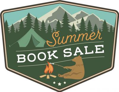 Illustration of a patch with mountains, evergreen trees, a tent and a bear sitting roasting a marshmallow over a campfire.