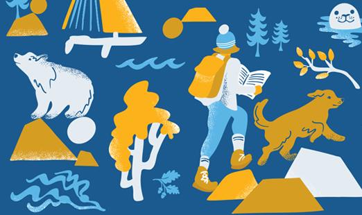 portion of digital mural showing illustrations of a hiker with a map, a dog, a bear, and natural landscape