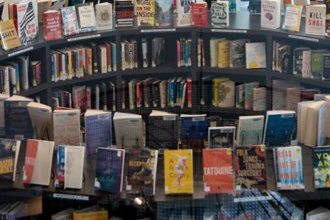 A photograph of a book display. 