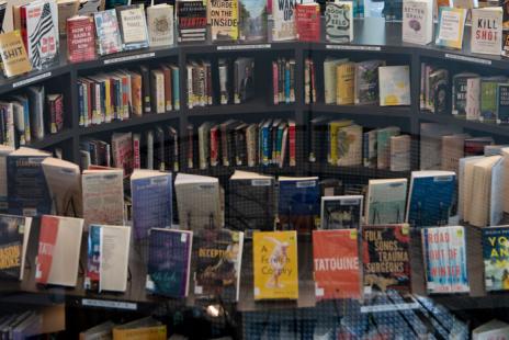 A photograph of a book display.